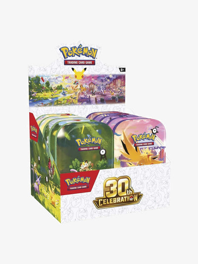 Pokémon TCG Mega Evolution 30th Celebration Mini Tin Display (10 Tins) – front three-quarter